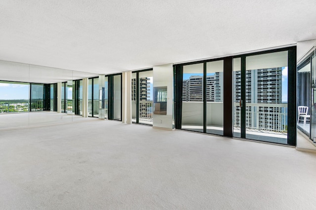 unfurnished room with carpet, floor to ceiling windows, and a textured ceiling