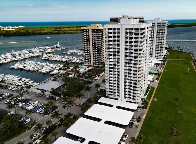 drone / aerial view featuring a water view