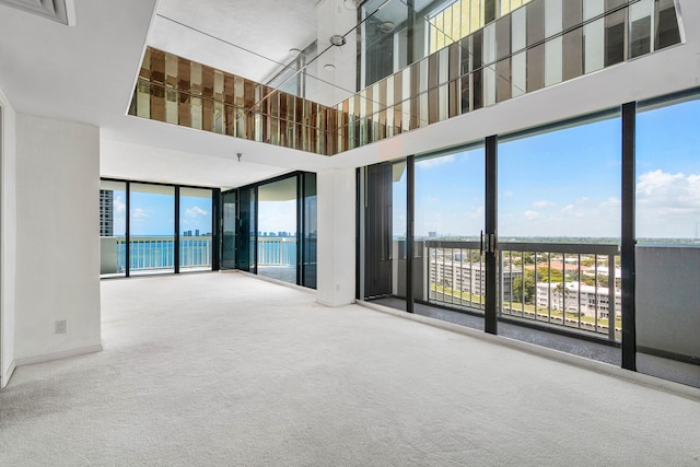 spare room featuring carpet flooring, a healthy amount of sunlight, and a towering ceiling