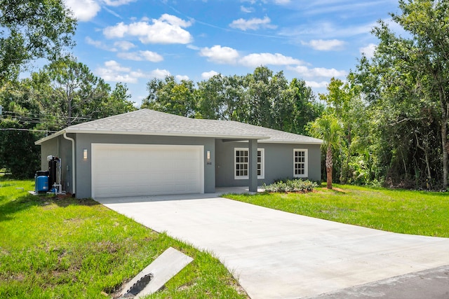 ranch-style house with a front lawn and a garage