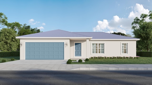 ranch-style home featuring a front lawn and a garage