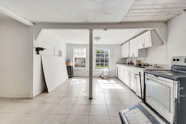 kitchen with light tile patterned floors, dark countertops, white cabinetry, stainless steel range with electric cooktop, and a sink