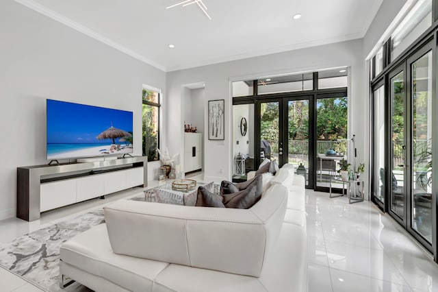 tiled living room featuring crown molding and french doors