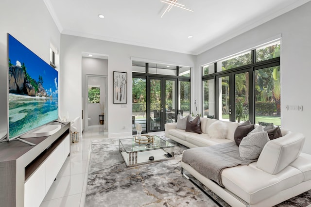 living room featuring ornamental molding, light tile patterned floors, and french doors