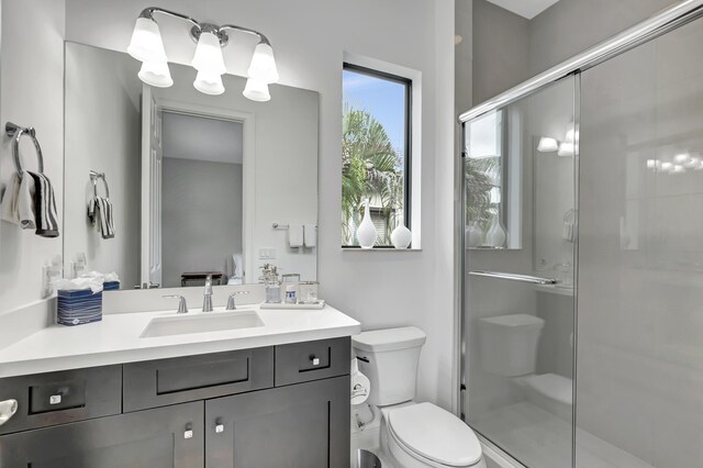 bathroom with walk in shower, toilet, and vanity