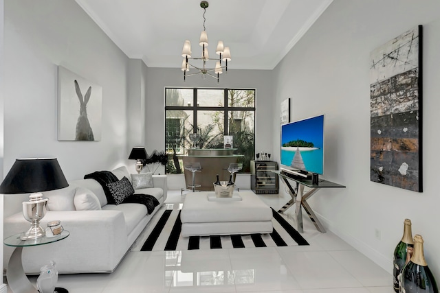 living room with a tray ceiling, light tile patterned floors, and a chandelier