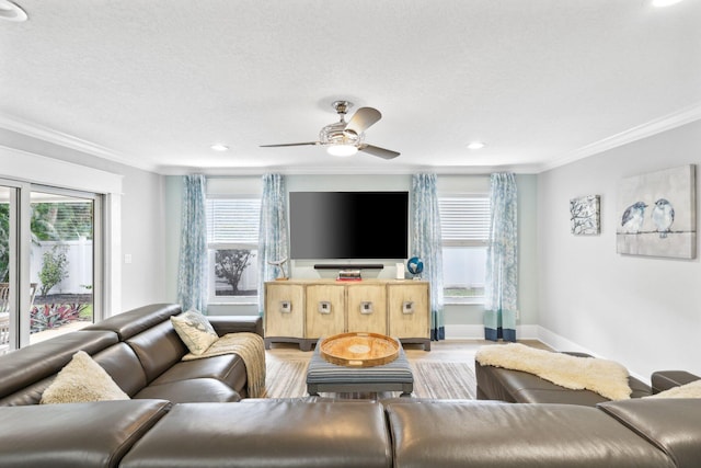 living room featuring ornamental molding, light wood-type flooring, a ceiling fan, and baseboards