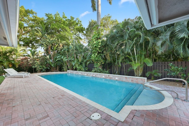 view of swimming pool with a fenced in pool, a patio area, and a fenced backyard