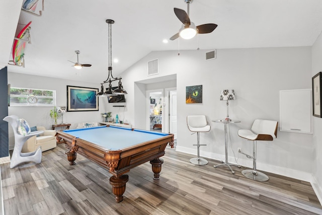 playroom featuring lofted ceiling, visible vents, billiards, and light wood-style flooring