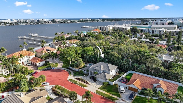 drone / aerial view featuring a water view