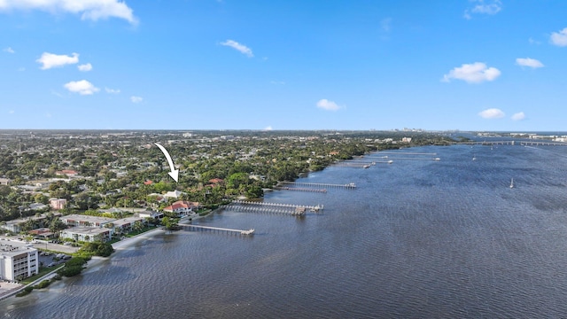 drone / aerial view featuring a water view