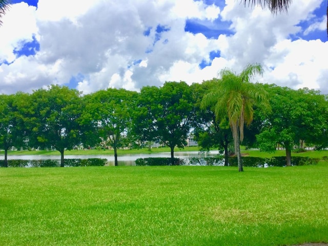 view of home's community with a water view and a yard