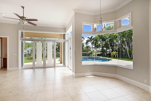 interior space with crown molding, ceiling fan with notable chandelier, and french doors