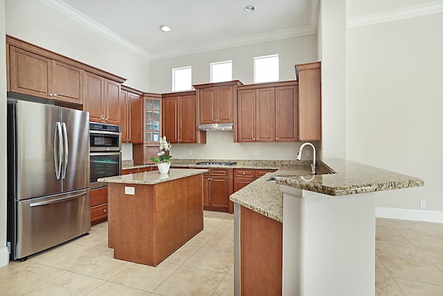 kitchen with light stone countertops, sink, a kitchen island, kitchen peninsula, and stainless steel appliances