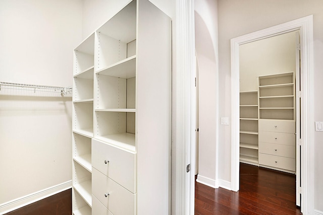 walk in closet with dark hardwood / wood-style flooring