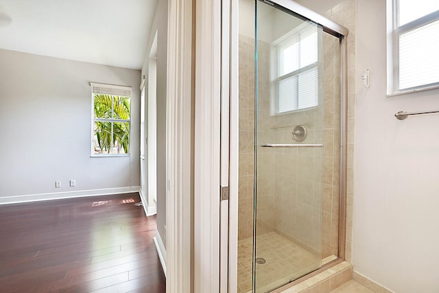 bathroom featuring hardwood / wood-style flooring and walk in shower