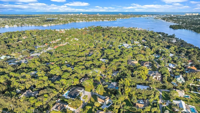 drone / aerial view with a water view