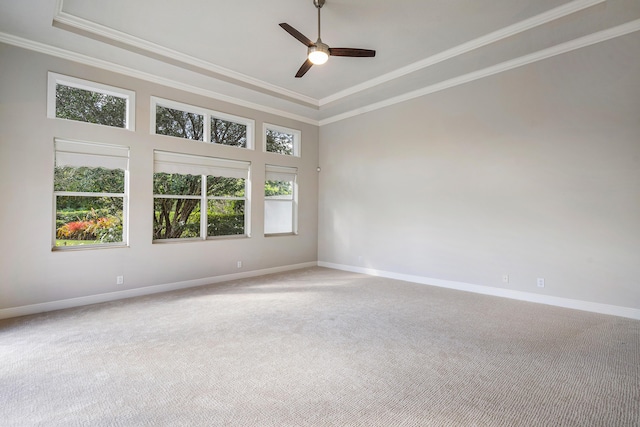 carpeted spare room featuring ceiling fan and ornamental molding