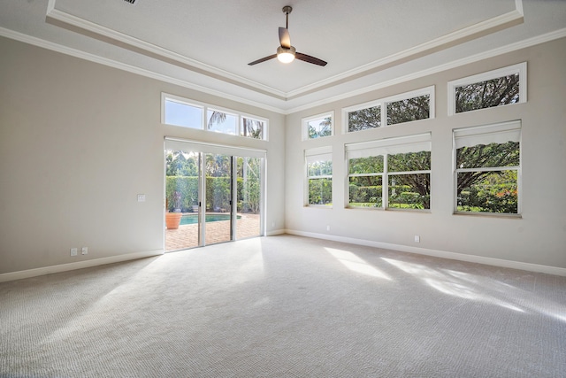 carpeted empty room with crown molding, a raised ceiling, and ceiling fan