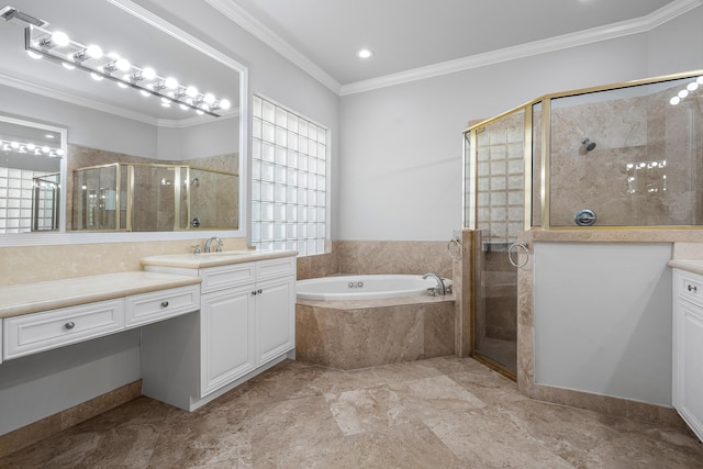 bathroom featuring vanity, ornamental molding, and plus walk in shower