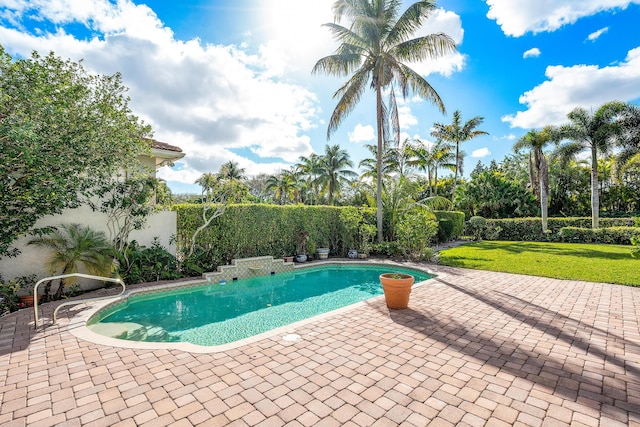 view of pool with a yard and a patio area