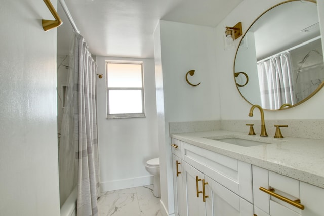 full bathroom with shower / tub combo, toilet, tile patterned floors, and vanity