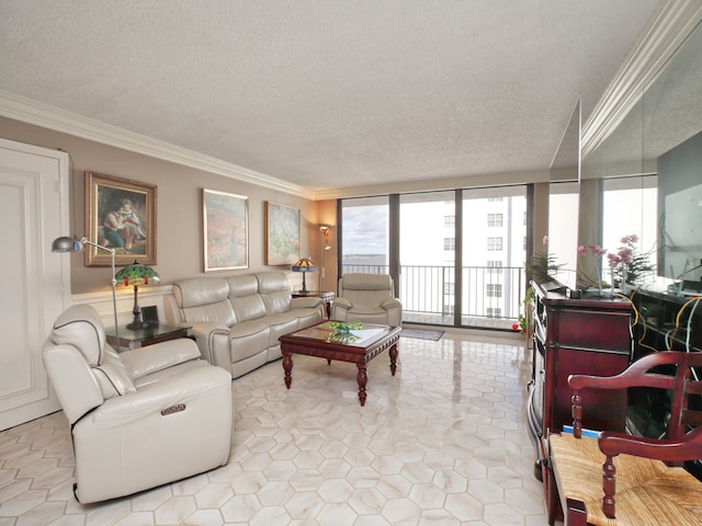 living room with crown molding, a textured ceiling, and light tile patterned floors