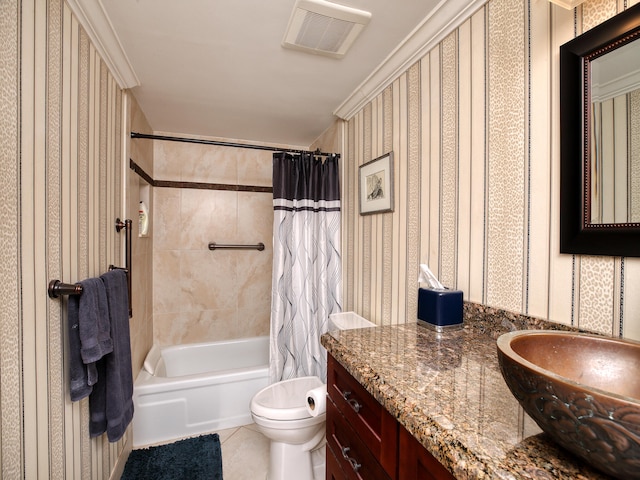 full bathroom featuring shower / tub combo with curtain, vanity, crown molding, toilet, and tile patterned flooring