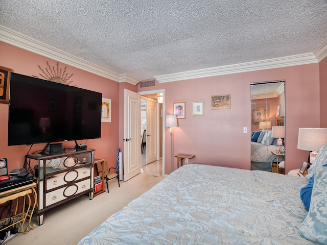 carpeted bedroom with crown molding and a textured ceiling