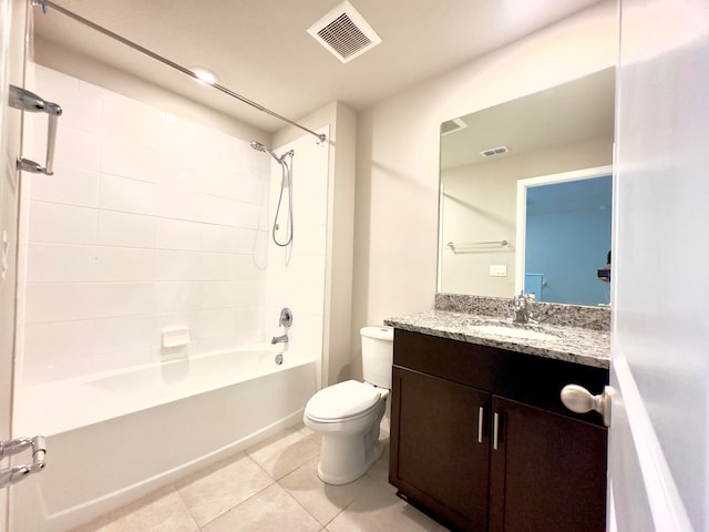 full bathroom featuring vanity, shower / bath combination, tile patterned flooring, and toilet