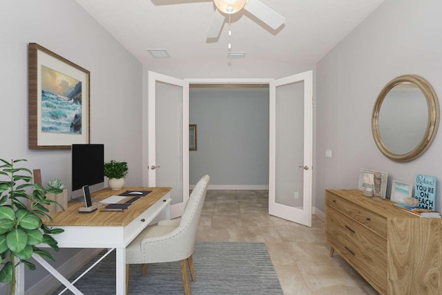 office space featuring french doors, visible vents, ceiling fan, and baseboards