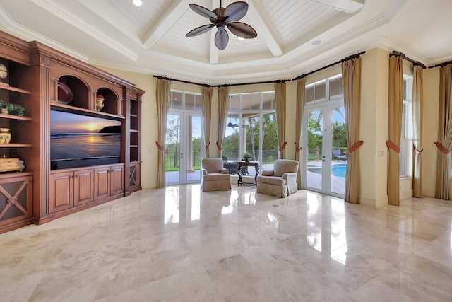 living area with built in shelves, ornamental molding, ceiling fan, wood ceiling, and french doors