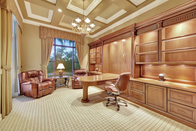 carpeted office space with coffered ceiling, beamed ceiling, a notable chandelier, and ornamental molding