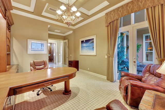 office featuring coffered ceiling, an inviting chandelier, french doors, and ornamental molding