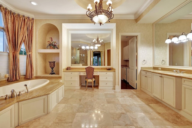 bathroom with ornamental molding, a tray ceiling, vanity, a notable chandelier, and a washtub