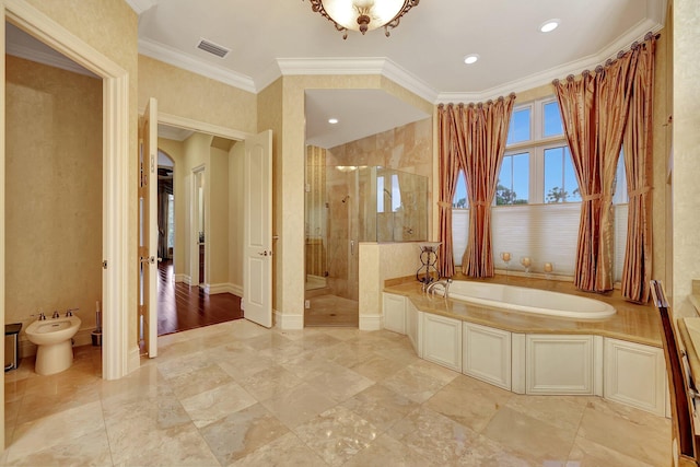 bathroom featuring separate shower and tub, a bidet, and crown molding