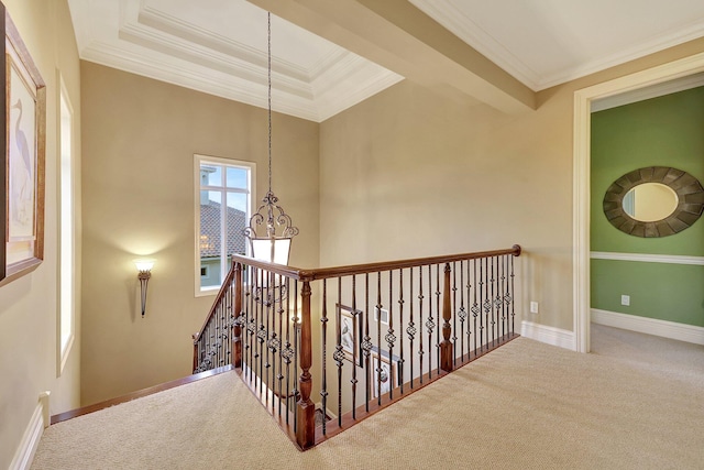 corridor featuring a raised ceiling, carpet floors, and ornamental molding