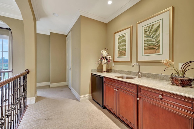 bar with dishwasher, sink, light carpet, and ornamental molding