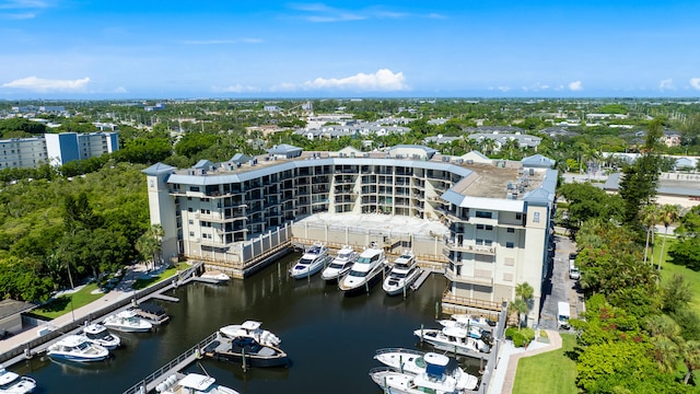 view of water feature with a dock