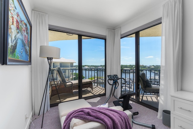 interior space featuring crown molding, a water view, and light carpet