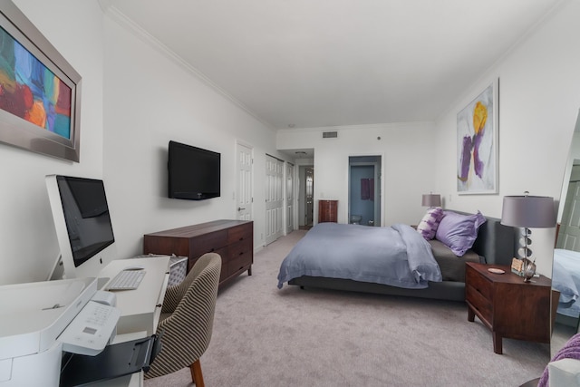 bedroom with light colored carpet and ornamental molding