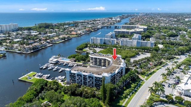 aerial view featuring a water view