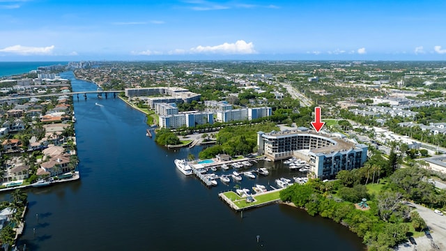 drone / aerial view featuring a water view