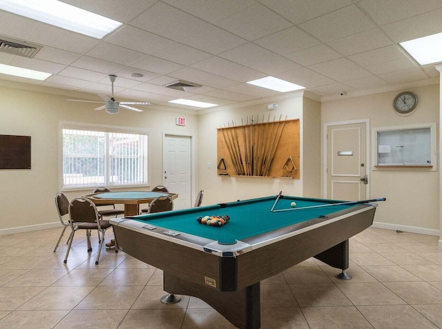 recreation room with pool table, ceiling fan, light tile patterned floors, ornamental molding, and a drop ceiling