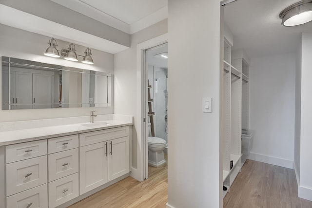 bathroom with hardwood / wood-style floors, vanity, walk in shower, and toilet