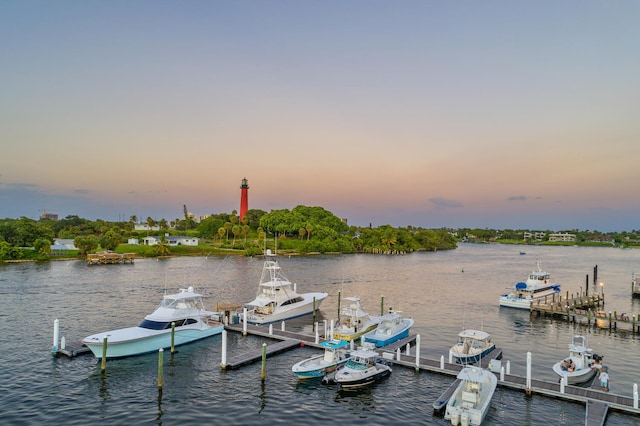 view of dock with a water view