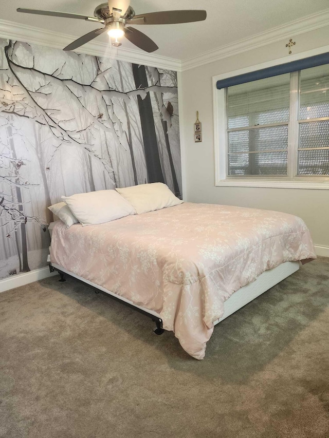 bedroom with carpet flooring, ceiling fan, and crown molding