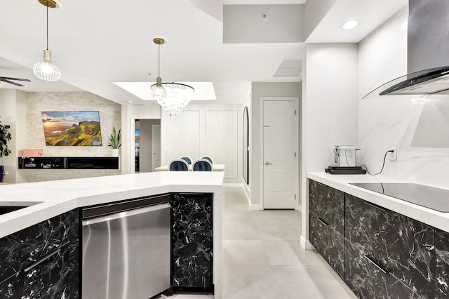 kitchen featuring light tile patterned floors, black electric stovetop, fridge, wall chimney range hood, and pendant lighting