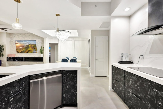 kitchen with wall chimney exhaust hood, dishwasher, black electric stovetop, decorative light fixtures, and light tile patterned flooring