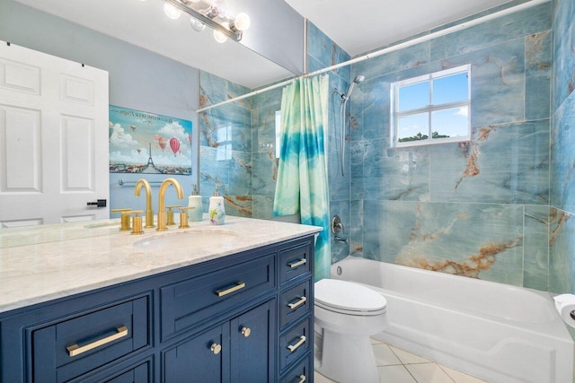 full bathroom with toilet, tile patterned floors, shower / bathtub combination with curtain, and vanity